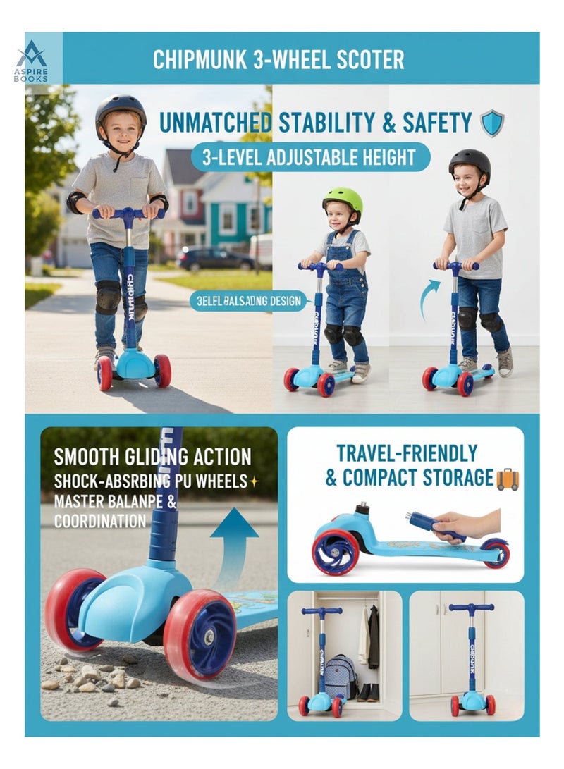 chipmunk 3-Wheel Kick Scooter for Kids & Toddlers – Adjustable T-Bar Handlebar with Lean-to-Turn Steering, Shock-Absorbing PU Wheels, Anti-Slip Deck, and Rear Brake – Safe & Lightweight Outdoor Glider for Boys (Blue) - Image 4